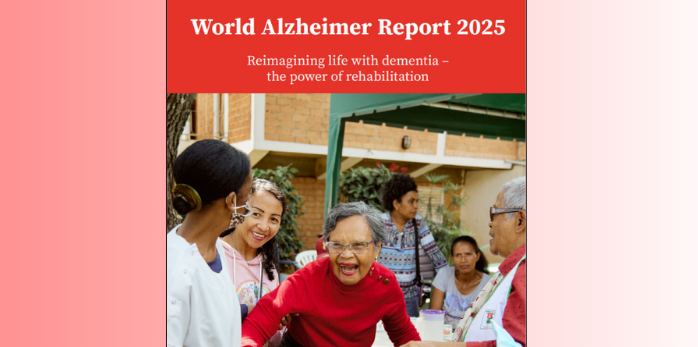 Cover des Berichts: eine lachende ältere Frau wird von medizinischen Helferinnen beim Stehen unterstützt